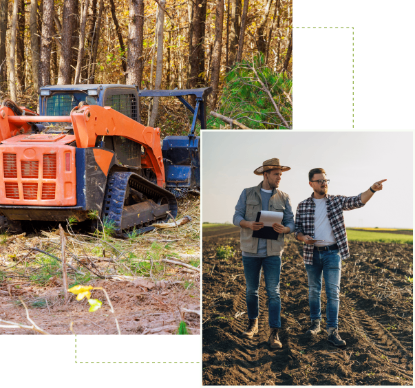 Bulldozer in forest; two men in field.