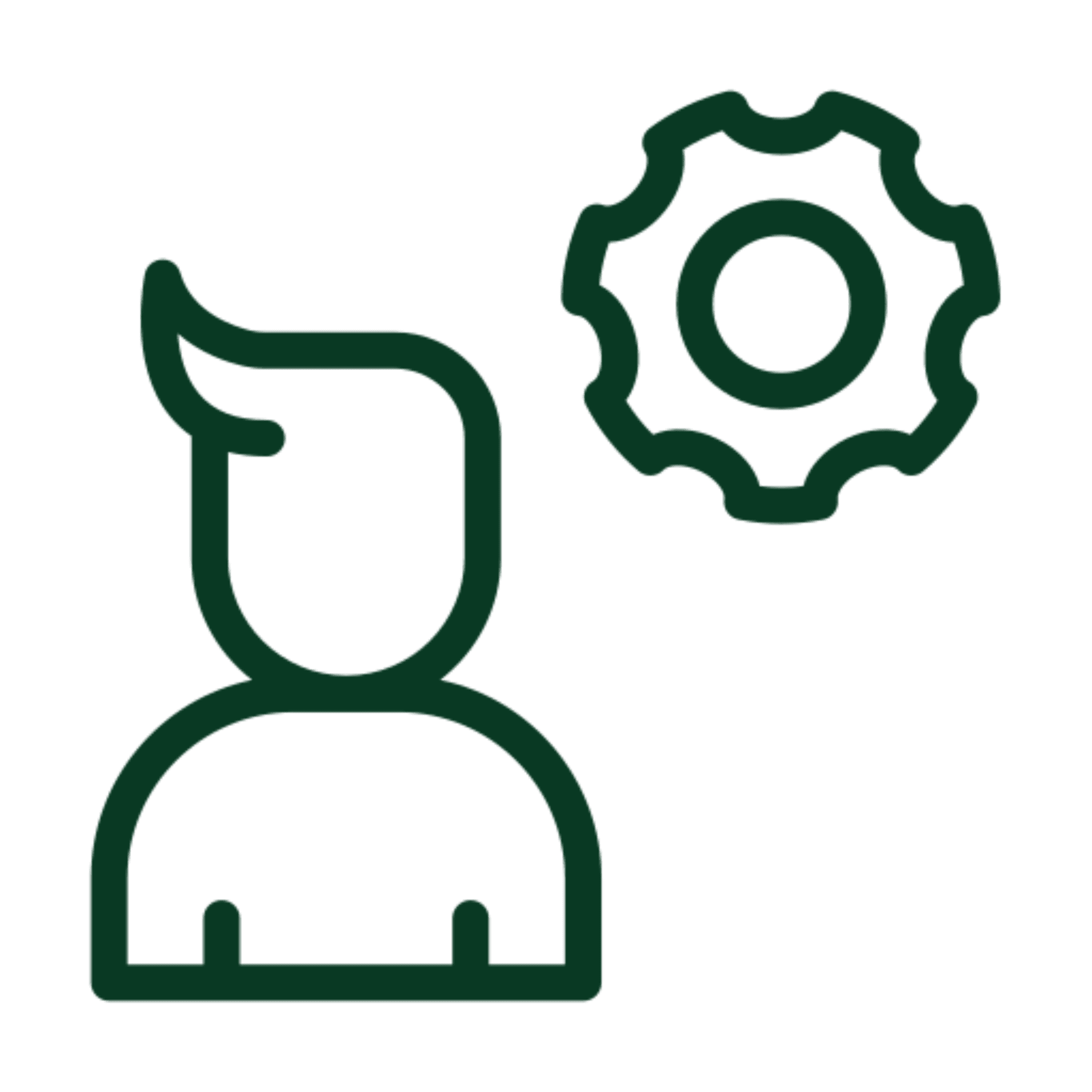 Person icon with gear symbol, dark background.
