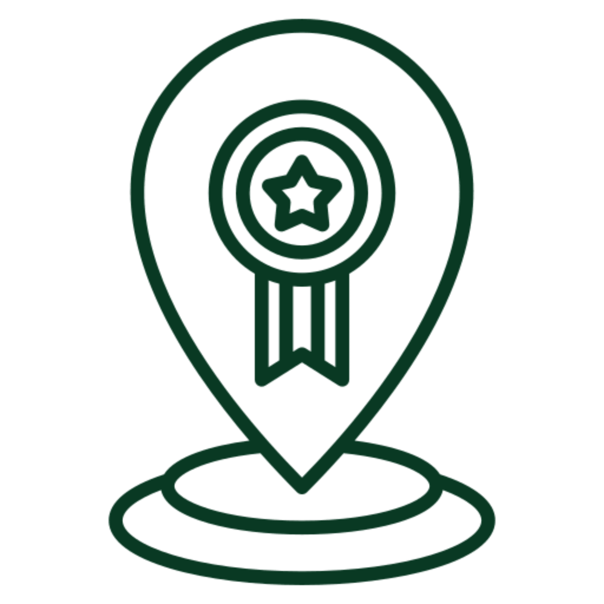 Location pin with star and ribbon.